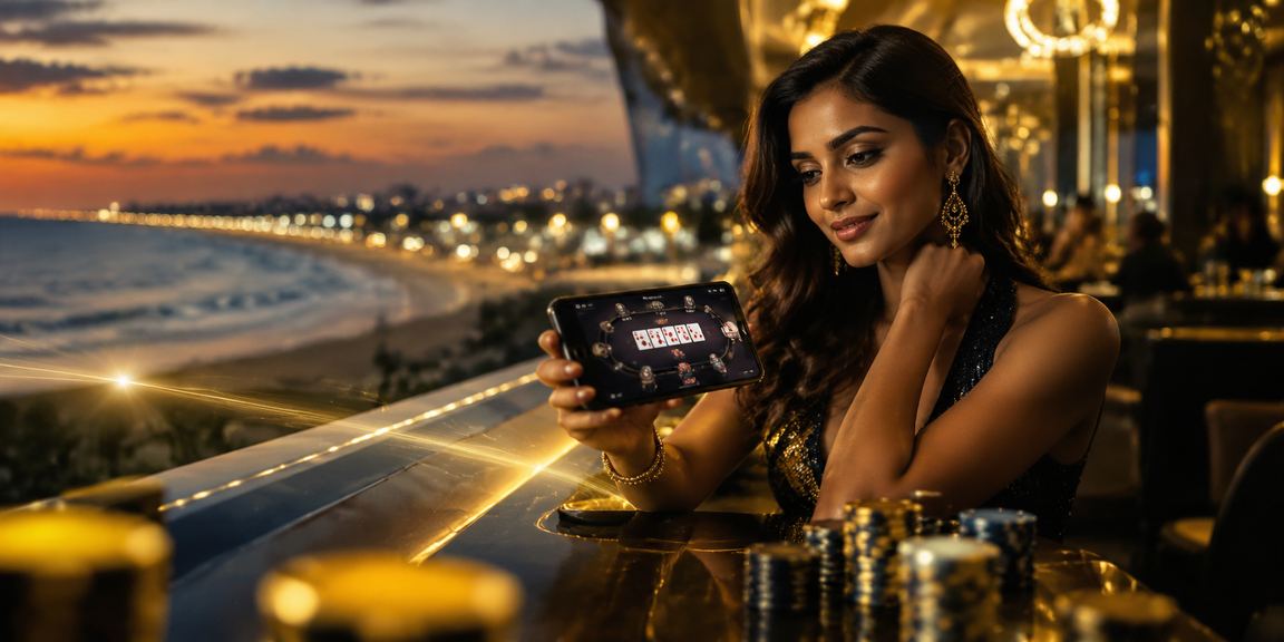 Chennai Marina Beach poker game night with festive lights