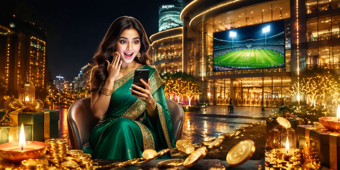 View of Delhi cityscape including cricket stadium with traditional saree wearers