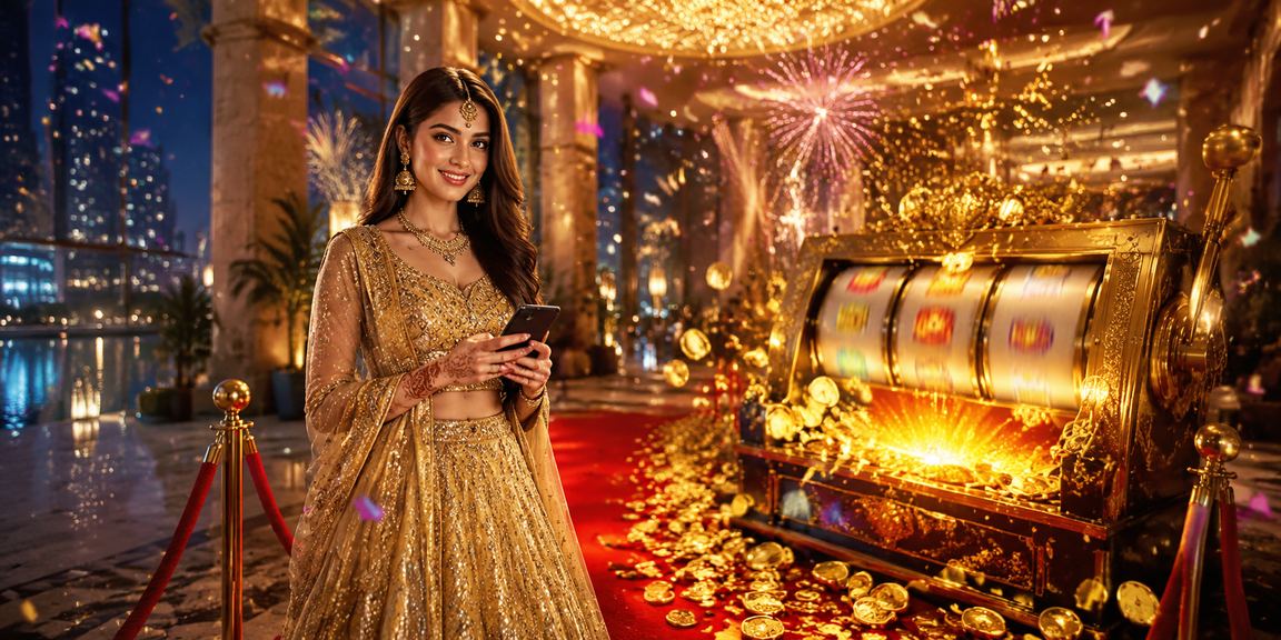 Indian woman playing slot game on mobile phone with lehenga outfit